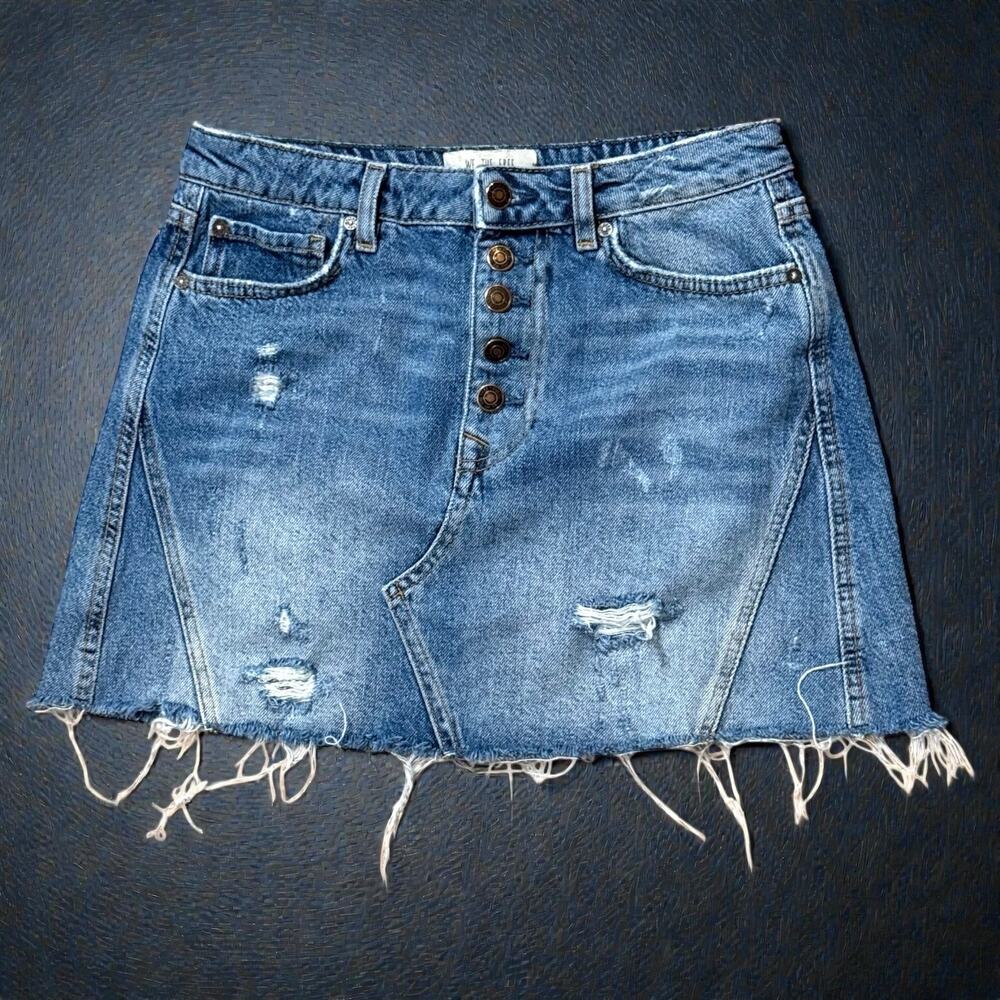 We the Free Denim Cutoff Skirt Womens Blue Mini Distressed Button Fly Size 28